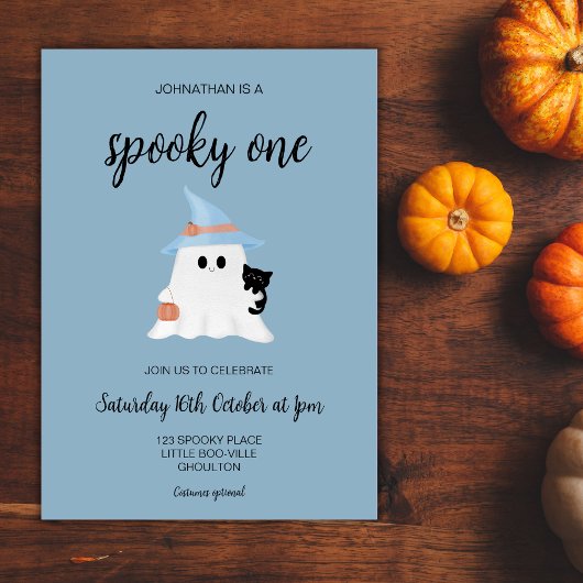 Invitation Blue Éffrayant One Cute Ghost 1st Birthday Boy Par