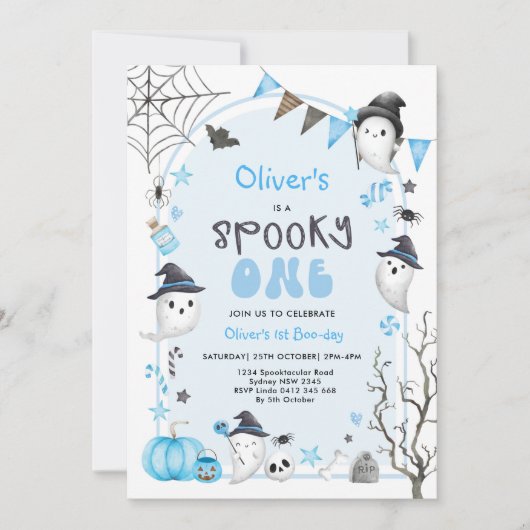 Invitation Blue Éffrayant One mignonne Ghost Boy 1er annivers (Devant)