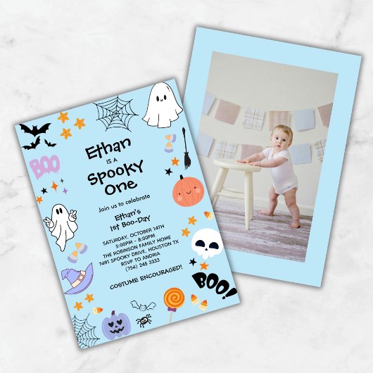 Invitation Blue Éffrayant One mignonne Photo Halloween 1er an