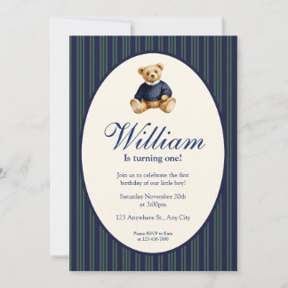 Invitation Blue Elegant Babys First Birthday Teddy Bear Invit