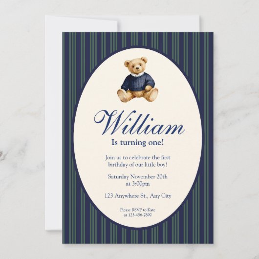 Invitation Blue Elegant Babys First Birthday Teddy Bear Invit (Devant)