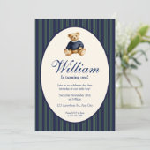 Invitation Blue Elegant Babys First Birthday Teddy Bear Invit (Debout devant)