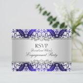 Invitation Blue Elegant Damask Engagement Party RSVP (Debout devant)
