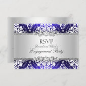 Invitation Blue Elegant Damask Engagement Party RSVP (Devant / Derrière)
