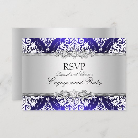 Invitation Blue Elegant Damask Engagement Party RSVP (Devant / Derrière)