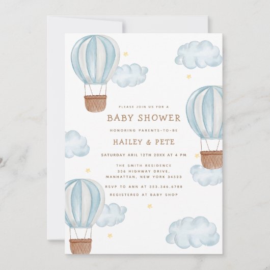 Invitation Blue Elegant Hot Air Balloon Cloud Baby shower gar (Devant)