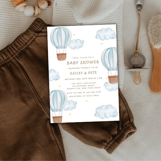 Invitation Blue Elegant Hot Air Balloon Cloud Baby shower gar