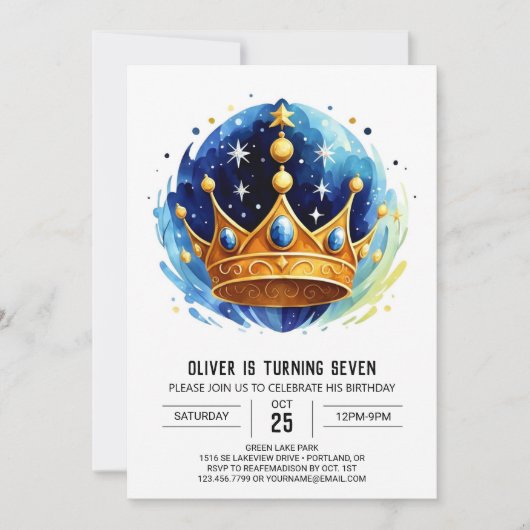 Invitation Blue Elegant Prince Crown Anniversaire (Devant)