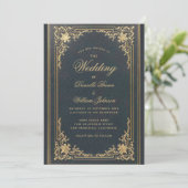 Invitation Blue Elegant Vintage Gold Calligraphie Mariage (Debout devant)