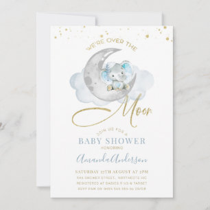 Invitation Blue Elephant au-dessus de la lune Baby shower Inv