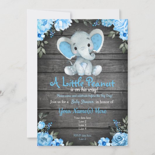 Invitation Blue Elephant Baby shower invitation, garçon rusti (Devant)