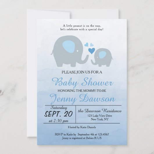 Invitation Blue Elephant Baby shower Party (Devant)