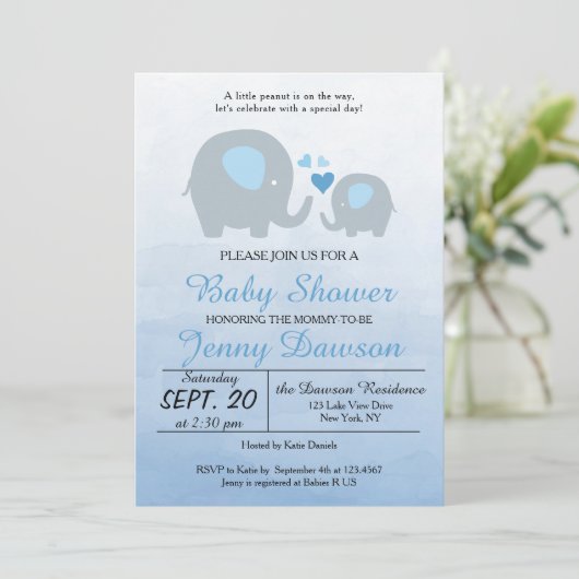 Invitation Blue Elephant Baby shower Party (Debout devant)