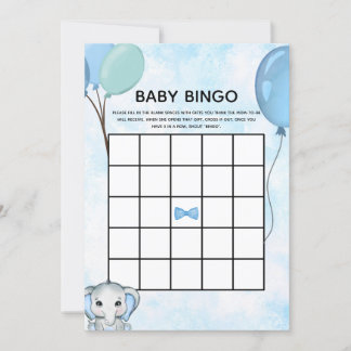 Invitation Blue Elephant Ballons Baby shower Baby Bingo Card