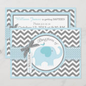 Invitation Blue Elephant Bird et Chevron Imprimer Baptême (Devant / Derrière)