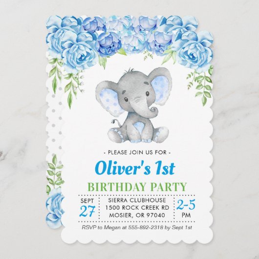 Invitation Blue Elephant Boy 1er 1er 2e anniversaire (Devant / Derrière)