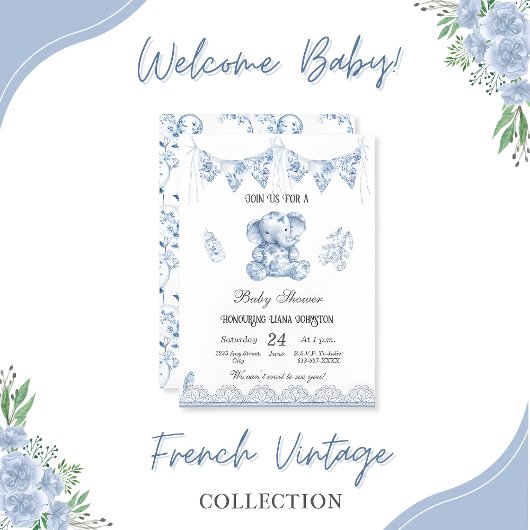 Invitation Blue Elephant Chinoiserie-Baby shower