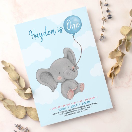 Invitation Blue Elephant fête de premier anniversaire