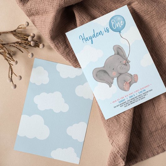 Invitation Blue Elephant fête de premier anniversaire