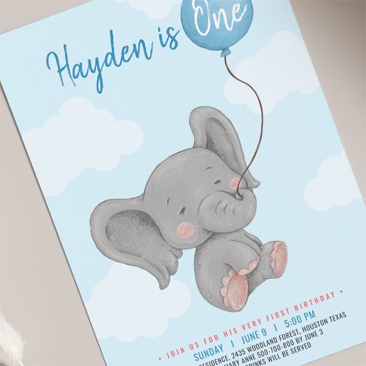 Invitation Blue Elephant fête de premier anniversaire
