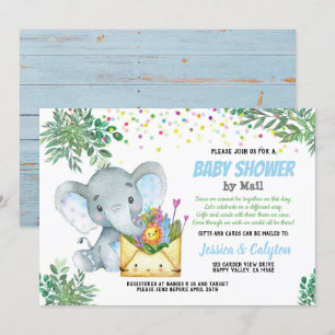Invitation Blue Elephant garçon baby shower par mail greenery