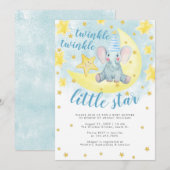 Invitation Blue Elephant Gold Twinkle Baby shower Little Star (Devant / Derrière)