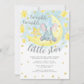 Invitation Blue Elephant Gold Twinkle Baby shower Little Star (Devant)