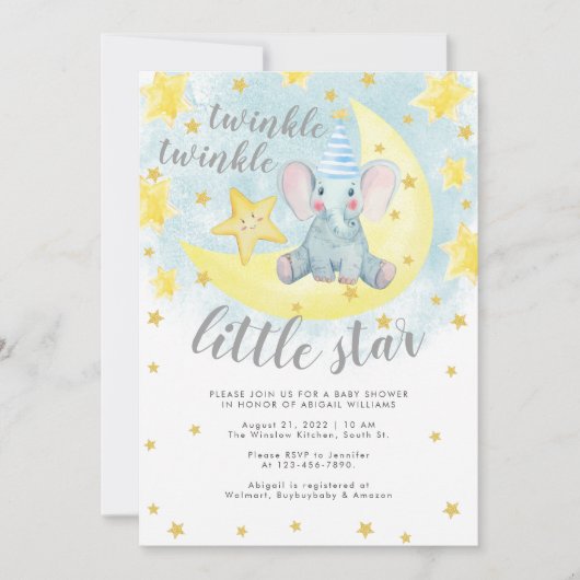 Invitation Blue Elephant Gold Twinkle Baby shower Little Star (Devant)