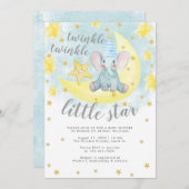 Invitation Blue Elephant Gold Twinkle Baby shower Little Star (Devant / Derrière)