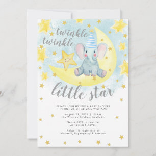 Invitation Blue Elephant Gold Twinkle Baby shower Little Star
