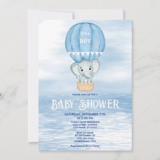 Invitation Blue Elephant Hot Air Baby shower (Devant)