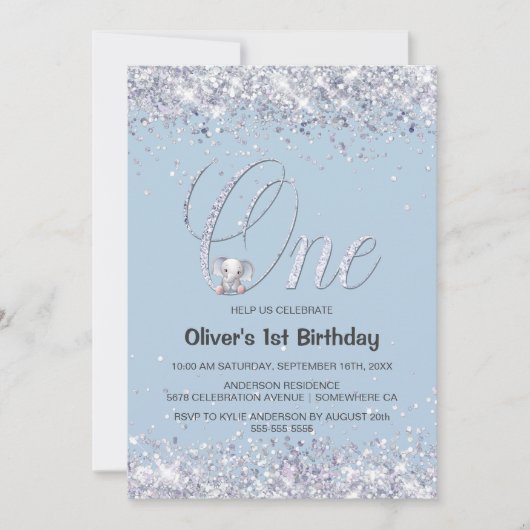 Invitation Blue Elephant Parties scintillant 1er fête d'anniv (Devant)