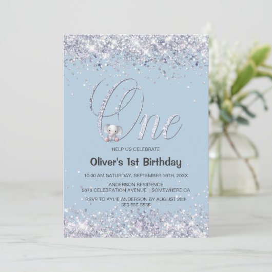 Invitation Blue Elephant Parties scintillant 1er fête d'anniv (Debout devant)