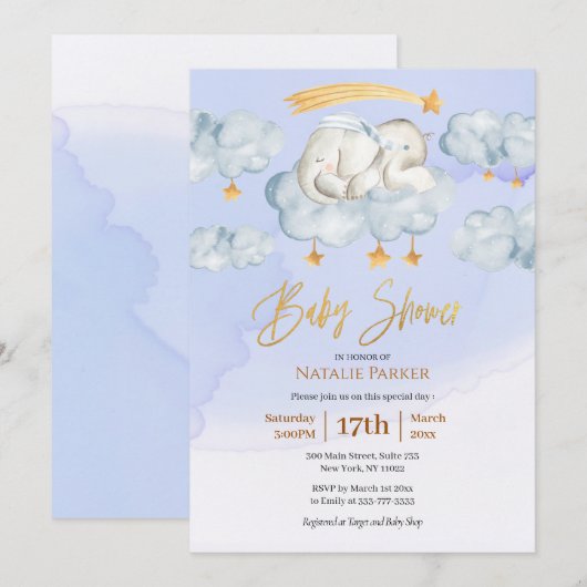 Invitation Blue Elephant Twinkle Little Star Boy Baby shower (Devant / Derrière)