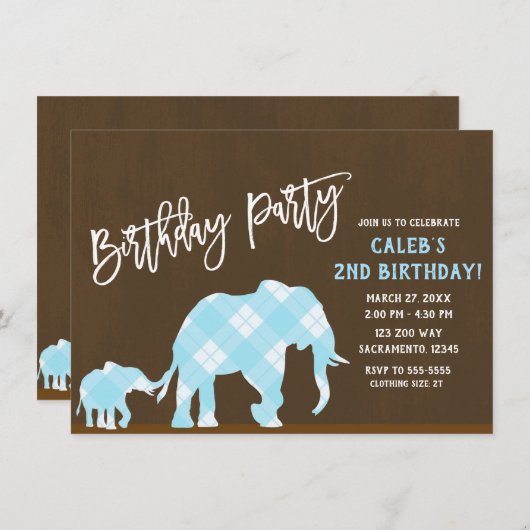 Invitation Blue Elephants Brown moderne fête d'anniversaire T (Devant / Derrière)