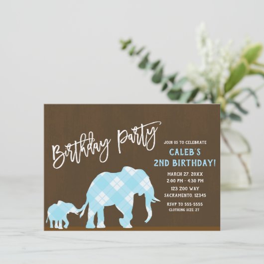Invitation Blue Elephants Brown moderne fête d'anniversaire T (Debout devant)