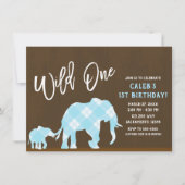 Invitation Blue Elephants Brown Moderne SAUVAGE UN 1ER annive (Devant)