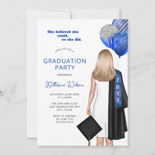 Invitation Blue Elle Croit Photo Graduation Party (Devant)