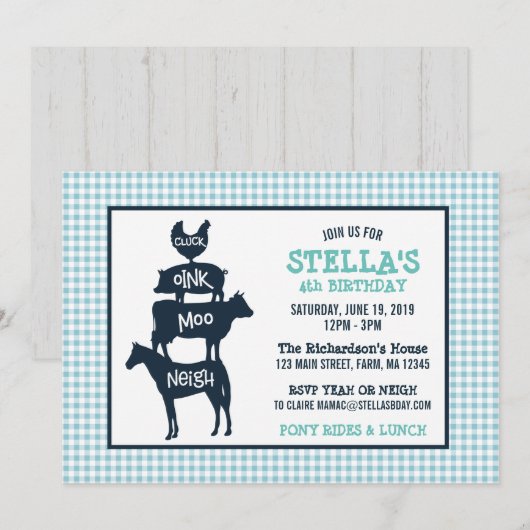 Invitation Blue En vichy Agritourisme Thème Animal Anniversai (Devant / Derrière)
