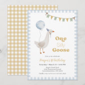 Invitation Blue En vichy Boy One Silly Goose Birthday (Devant / Derrière)