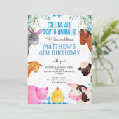 Invitation Blue En vichy Farm Animaux Garçon Anniversaire Bar (Debout devant)