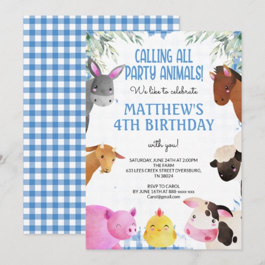 Invitation Blue En vichy Farm Animaux Garçon Anniversaire Bar (Devant / Derrière)