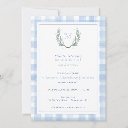 Invitation Blue En vichy Laurel Crest Premier anniversaire (Devant)