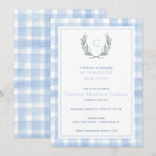Invitation Blue En vichy Laurel Crest Premier anniversaire