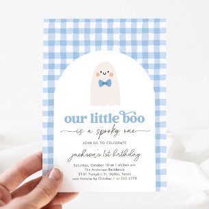 Invitation Blue En vichy Little Boo Ghost 1er anniversaire