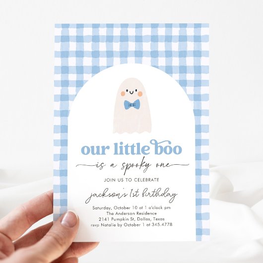 Invitation Blue En vichy Little Boo Ghost 1er anniversaire