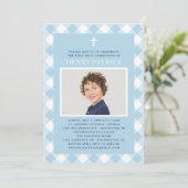Invitation Blue En vichy Plaid First Communion pour garçon Ph (Debout devant)