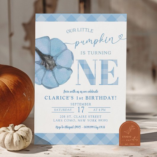 Invitation Blue En vichy Preppy Citrouille garçon 1er anniver