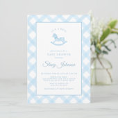 Invitation Blue En vichy Rocking Horse Boy Baby shower Invita (Debout devant)