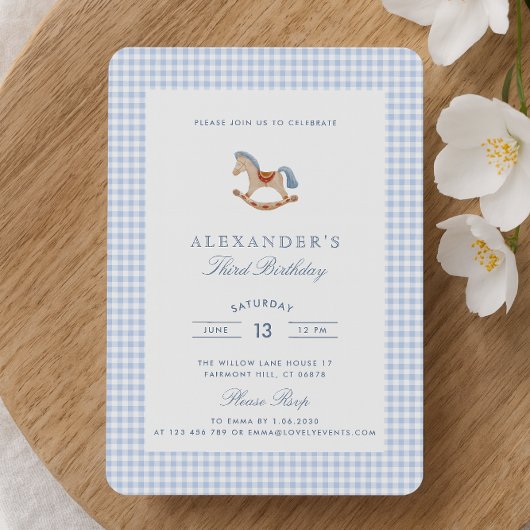 Invitation Blue En vichy Rocse garçons Cheval Anniversaire